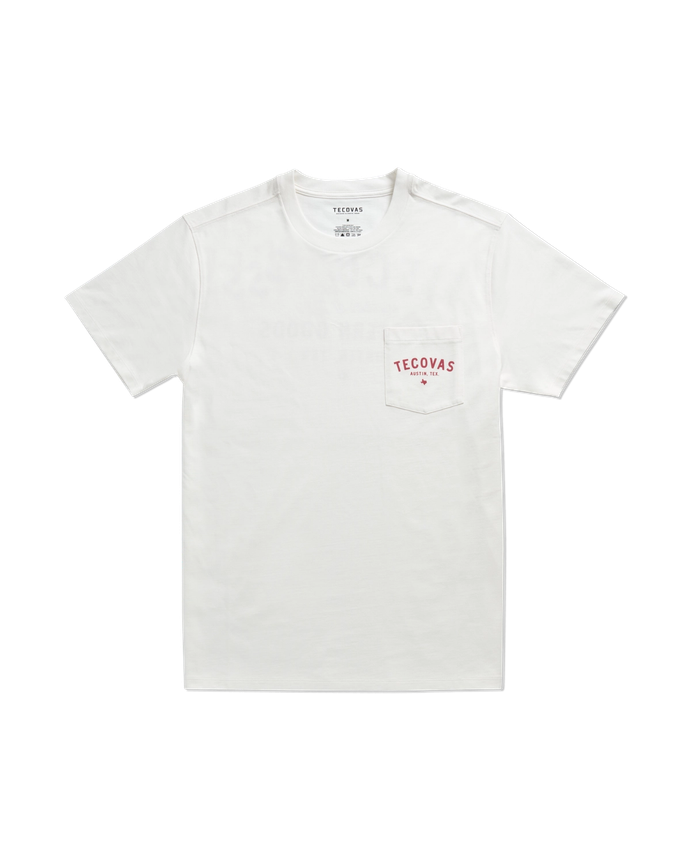 Closeup detail view of Men's Fine Makers Pocket Tee - Bone / Red