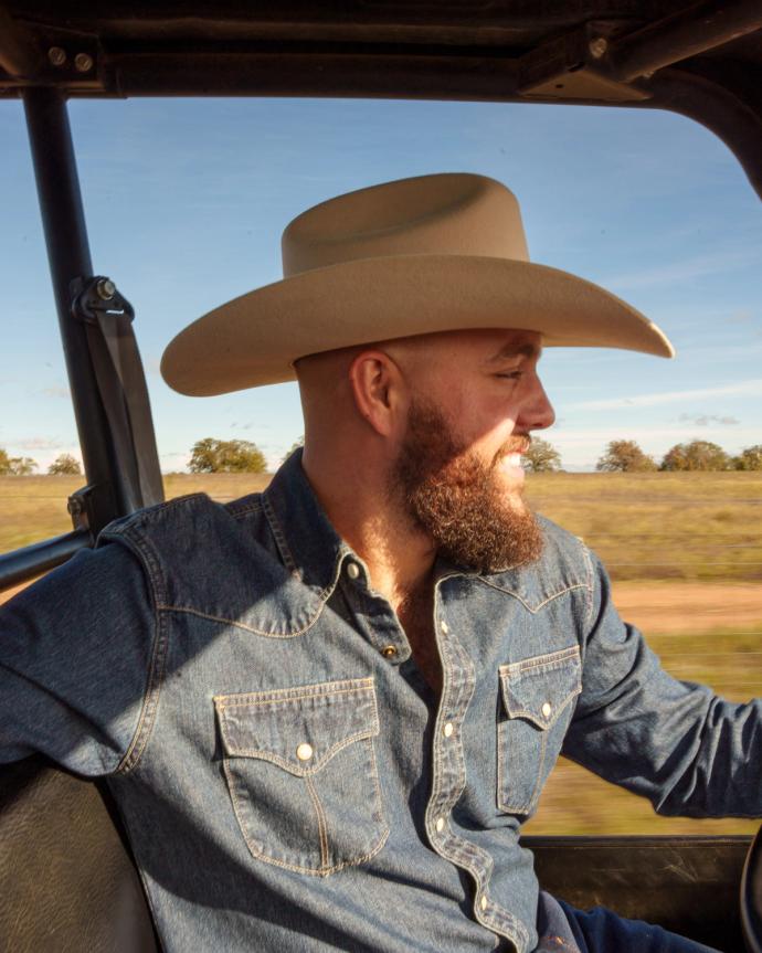 Man wearing cowboy hat and button down shirt