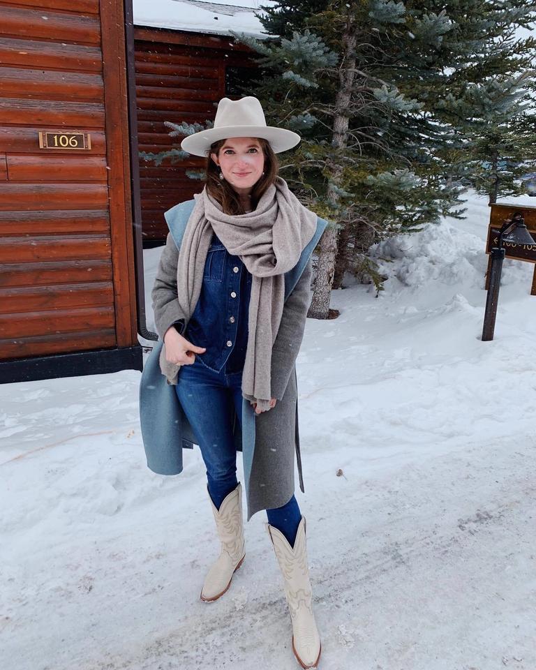 cowboy hat, cabin, women standing in snow