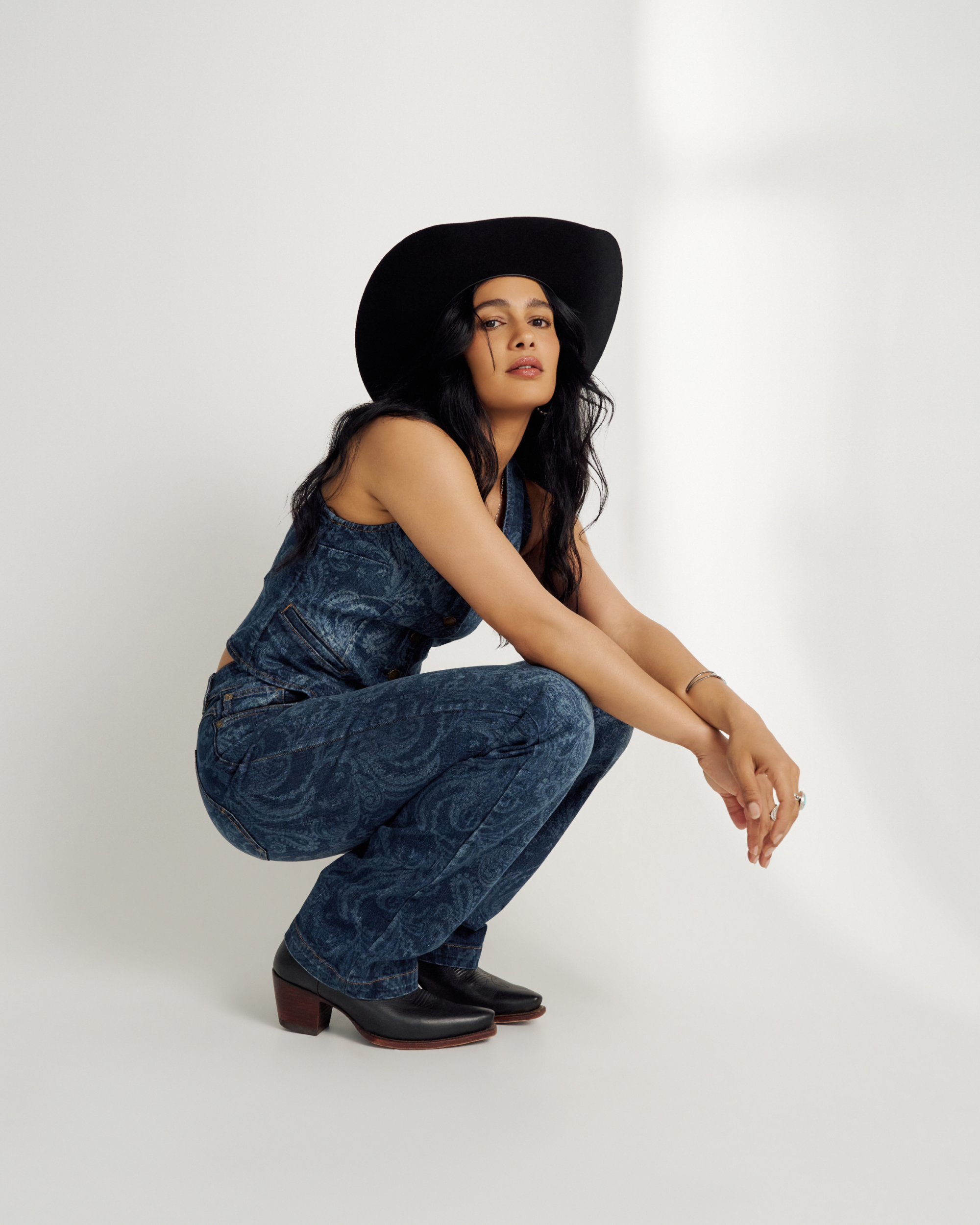 Full view of Women's Vintage High Rise Jean - Blue on model