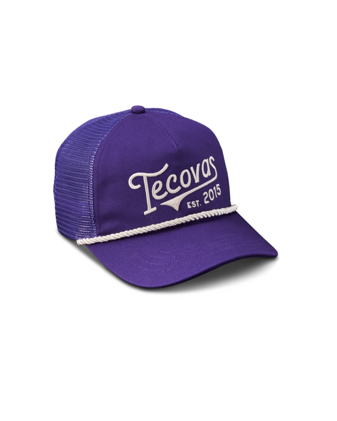 Quarterfront view of Tecovas Gameday Trucker - Purple on plain background