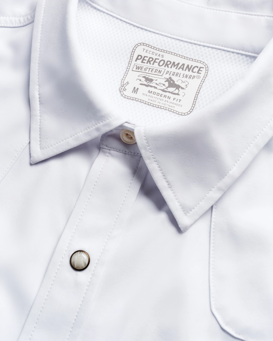 Closeup detail view of Men's Performance Western Pearl Snap SS - White