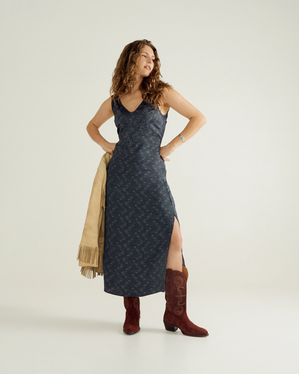 Full view of Women's Embroidered Slip Dress - Eclipse on model
