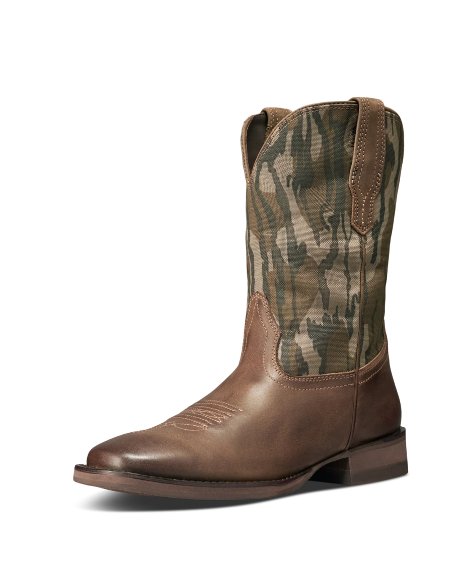Brown leather cowboy boot with a green camouflage-patterned shaft, square toe, and pull tabs, displayed on a white background.