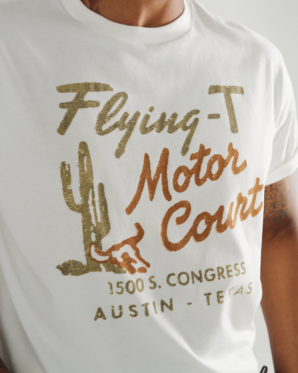 Closeup detail view of Men's Motor Court Tee - Bone / Multi