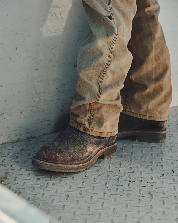 Toe view of The LH WP Round Comp Toe Work Boot - Tobacco Cowhide on plain background