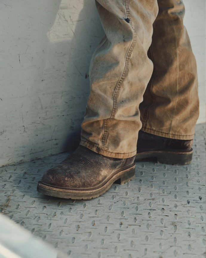 Toe view of The LH WP Round Comp Toe Work Boot - Tobacco Cowhide on plain background
