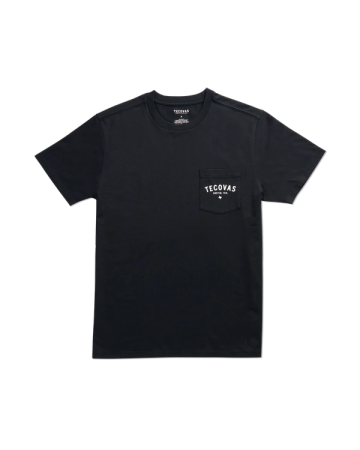 Black short-sleeve t-shirt with a chest pocket featuring the word "Tecovas" and a small graphic in white. The shirt is laid flat on a plain background.