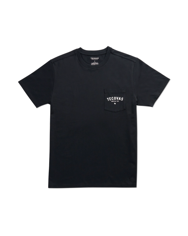 Black short-sleeve t-shirt with a chest pocket featuring the word "Tecovas" and a small graphic in white. The shirt is laid flat on a plain background.