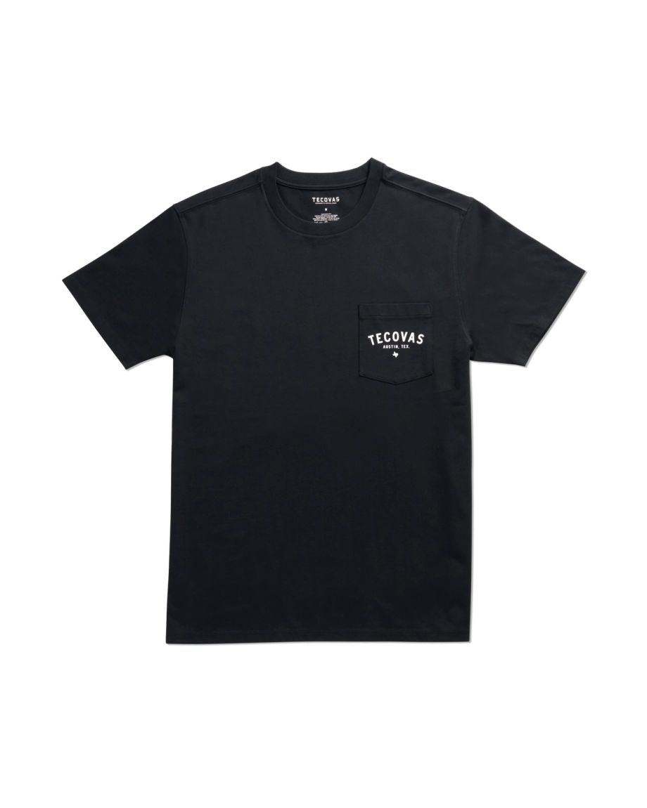 Black short-sleeve t-shirt with a chest pocket featuring the word "Tecovas" and a small graphic in white. The shirt is laid flat on a plain background.