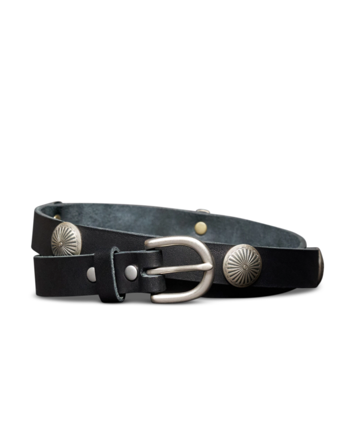 Unbuckled view of Women's Concho Belt - Black on plain background