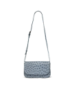 A blue ostrich leather shoulder bag with an adjustable strap and textured, dimpled surface, displayed against a plain white background.