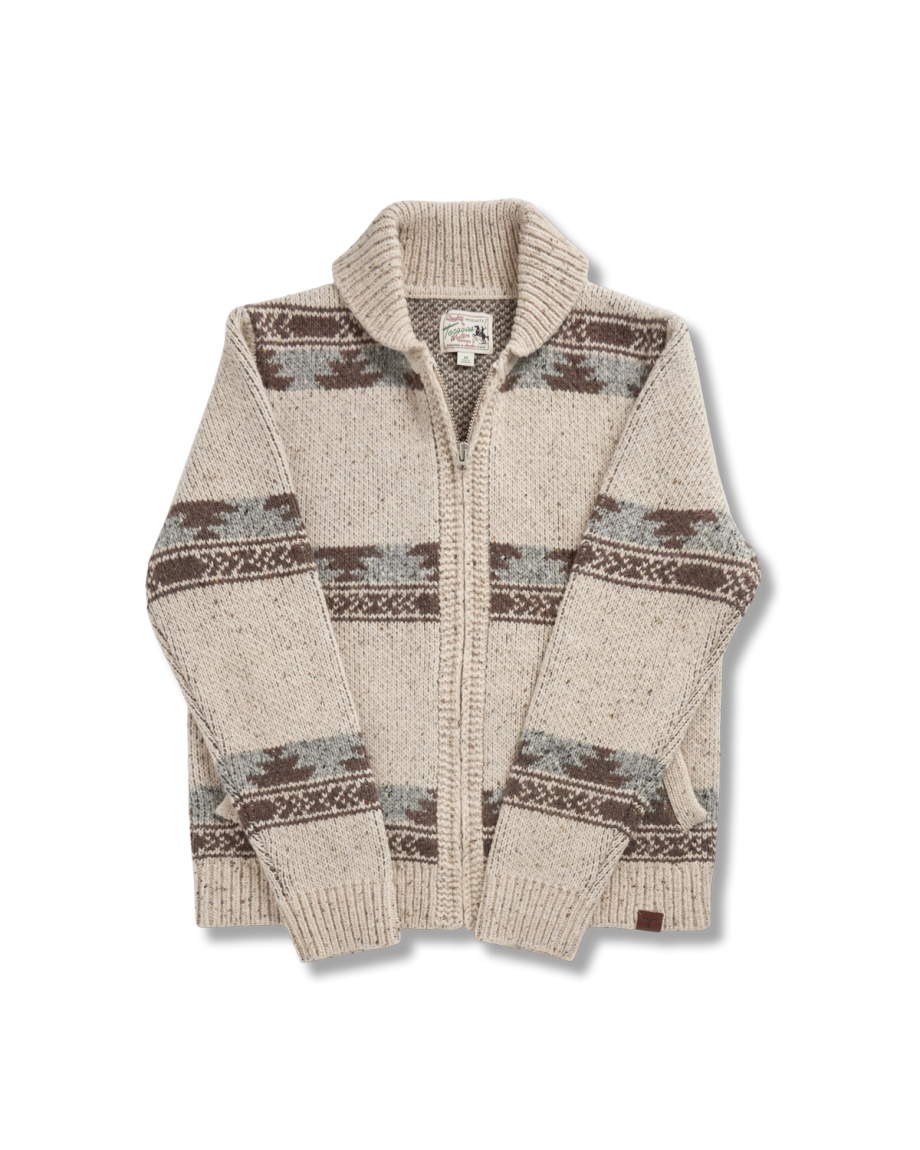 Front view of Men's Bison Zip Sweater - Oatmeal/Multi on plain background