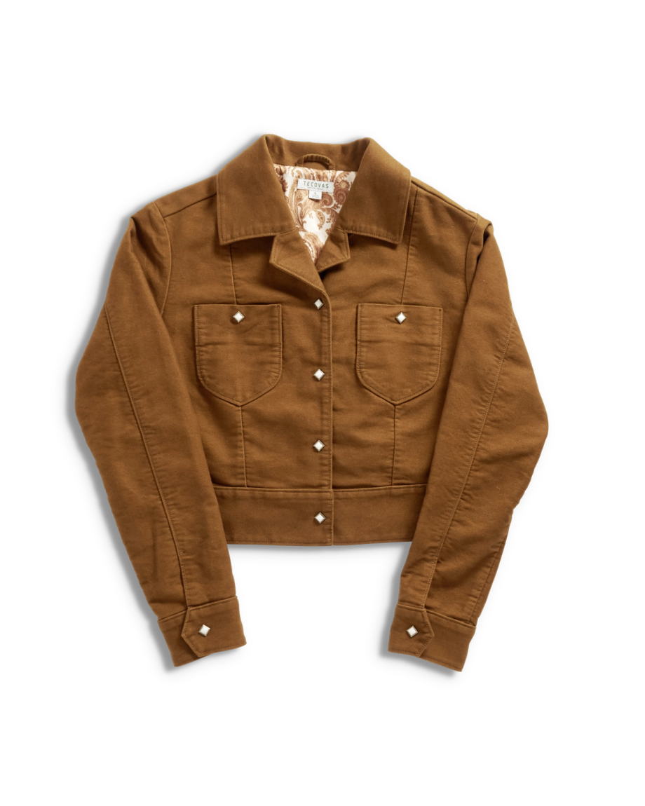 Closeup detail view of Women's Moleskin Pearl Snap Jacket - Camel