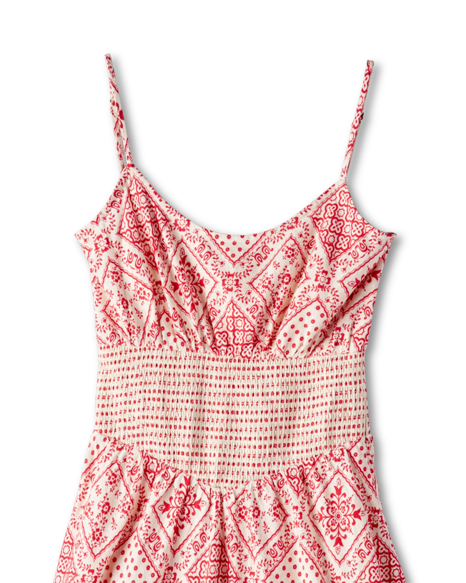 Closeup detail view of Women's Tank Tiered Midi Dress - Red Bandana