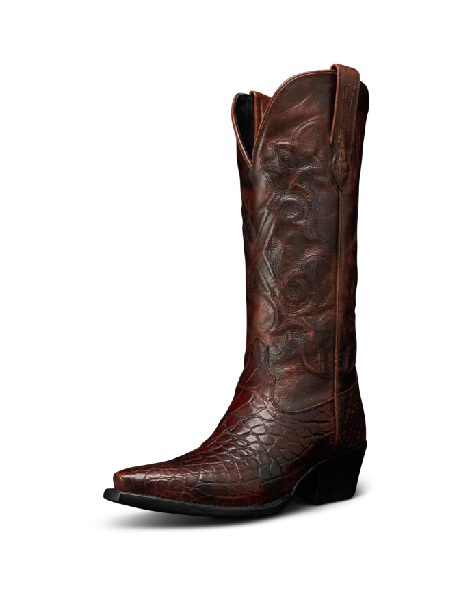 Quarterfront view of Women's Birthday Boot X - Dark Pecan Alligator on plain background