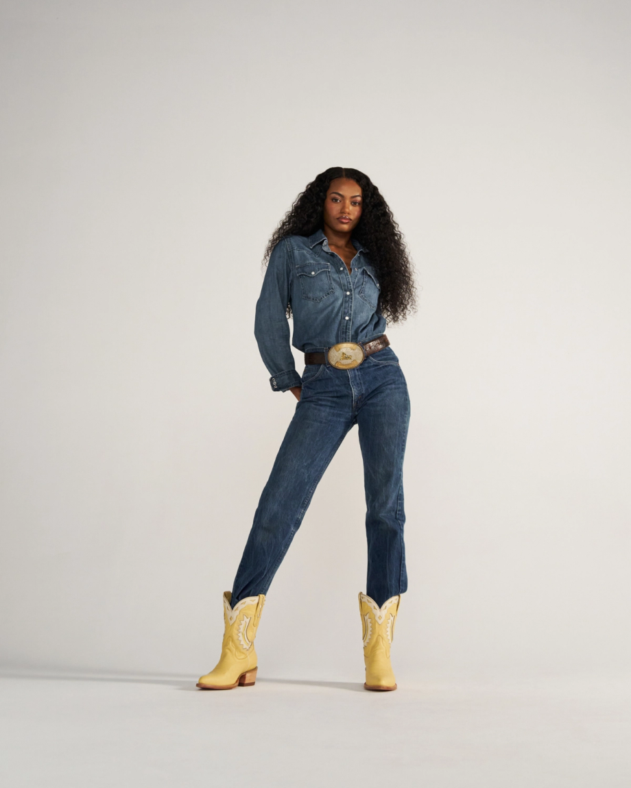 Full view of The Jolene - Pale Yellow Cowhide on model