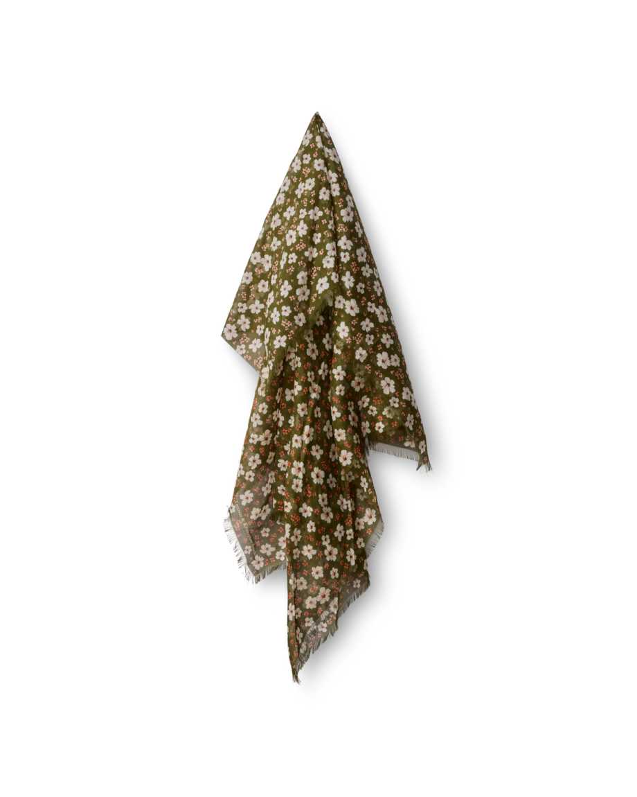 Front view of The Floral Ranch Scarf by Kristopher Brock / Olive/Beige Floral - Olive/Beige Floral on plain background