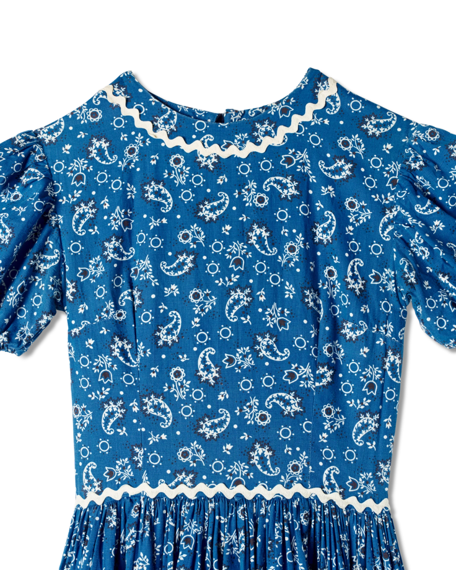 View of Tecovas x Cathy Hahn Vintage Paisley Maxi Dress - Royal Blue / White