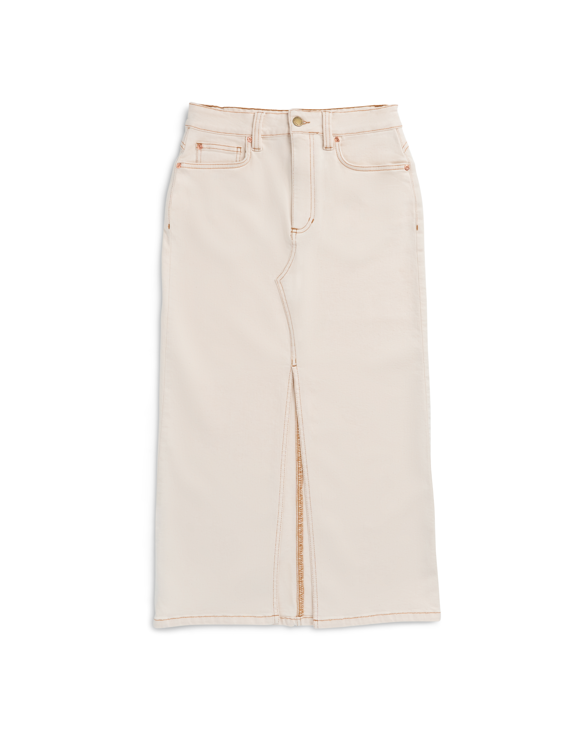 Beige high-waisted denim skirt with front slit, visible seams, belt loops, front and back pockets, and a button closure.