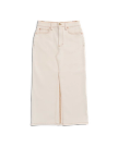 Beige high-waisted denim skirt with front slit, visible seams, belt loops, front and back pockets, and a button closure.