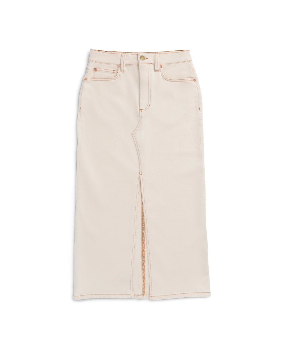 Beige high-waisted denim skirt with front slit, visible seams, belt loops, front and back pockets, and a button closure.