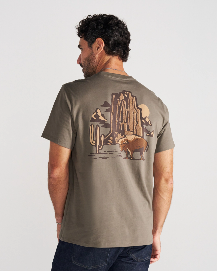 Back view of Men's Bison Landscape T-Shirt - Smokey Olive on model