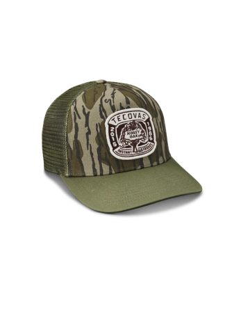 Quarterfront view of Tecovas x Mossy Oak Bottomlands Trucker - MO Original Bottomland on plain background