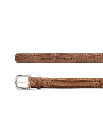 Brown leather belt with a crocodile pattern and a silver buckle, shown from both top and side angles on a white background.