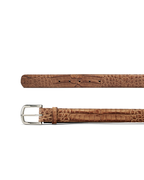 Brown leather belt with a crocodile pattern and a silver buckle, shown from both top and side angles on a white background.