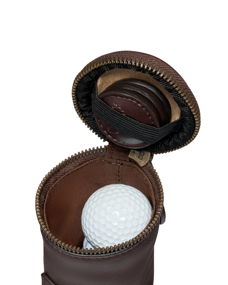 Inside view of Leather Golfball & Tee Holder - Dark Chocolate on plain background