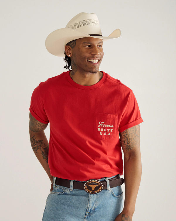 Closeup detail view of Men's USA Pocket Tee - Red / White