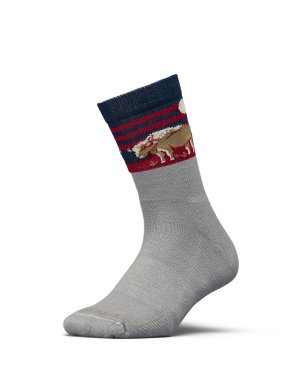Gray sock with a navy and red striped cuff, featuring a bear and moon design near the top.