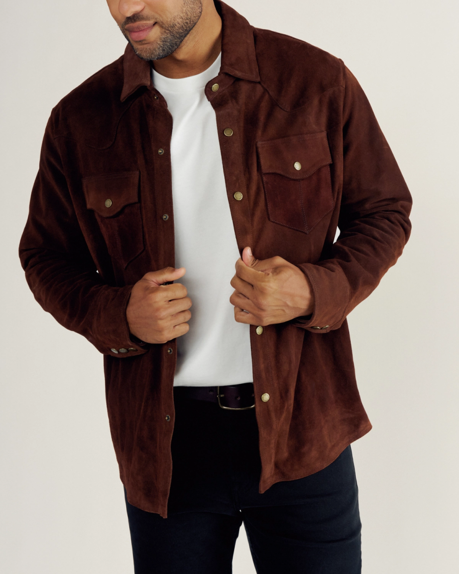 Front view of Men's Suede Overshirt - Brown on model