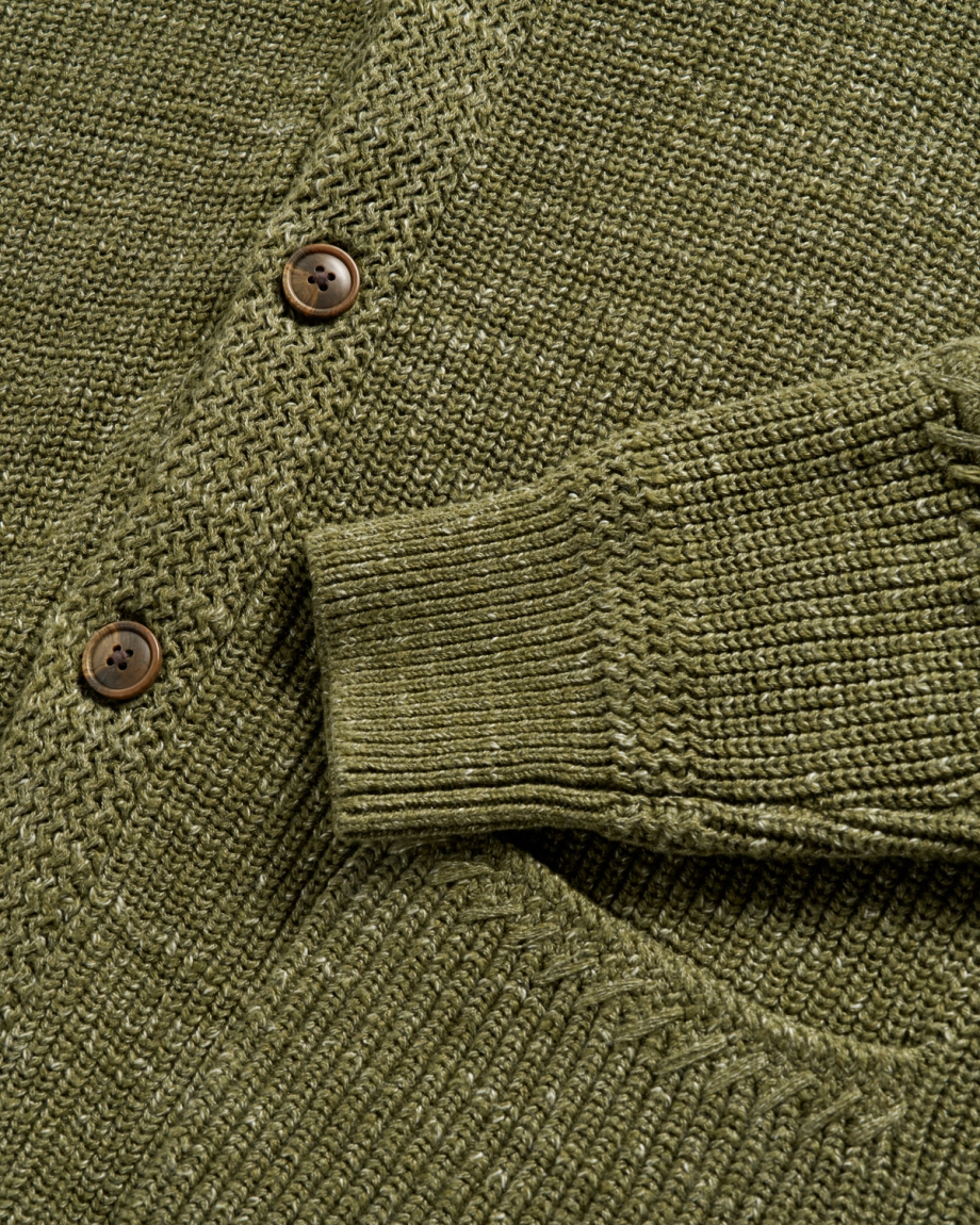 Closeup detail view of Men's Shawl Collar Cardigan Sweater - Olive