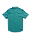 Teal short-sleeve button-up shirt shown from the back on a plain background.