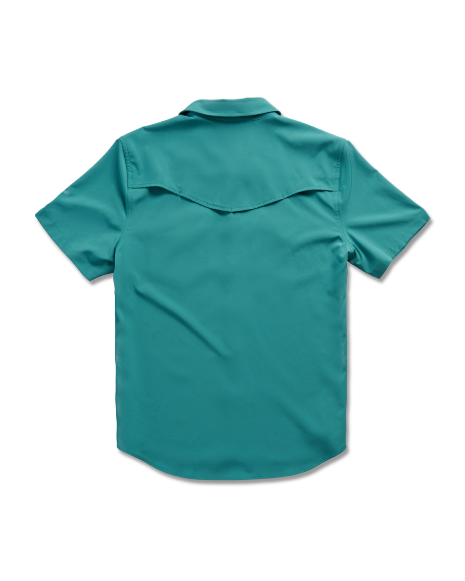 Teal short-sleeve button-up shirt shown from the back on a plain background.