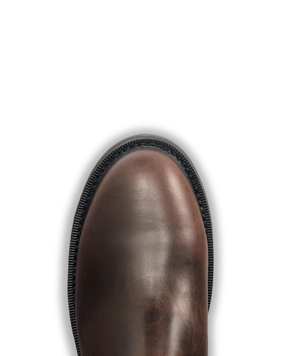 Toe view of Women's LongHaul Waterproof Chelsea Composite Toe Work Boot - Espresso Cowhide on plain background