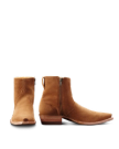 A pair of brown suede ankle boots with zippers. One boot is upright and front-facing, and the other is side-facing, showing the wooden heel and pointed toe.