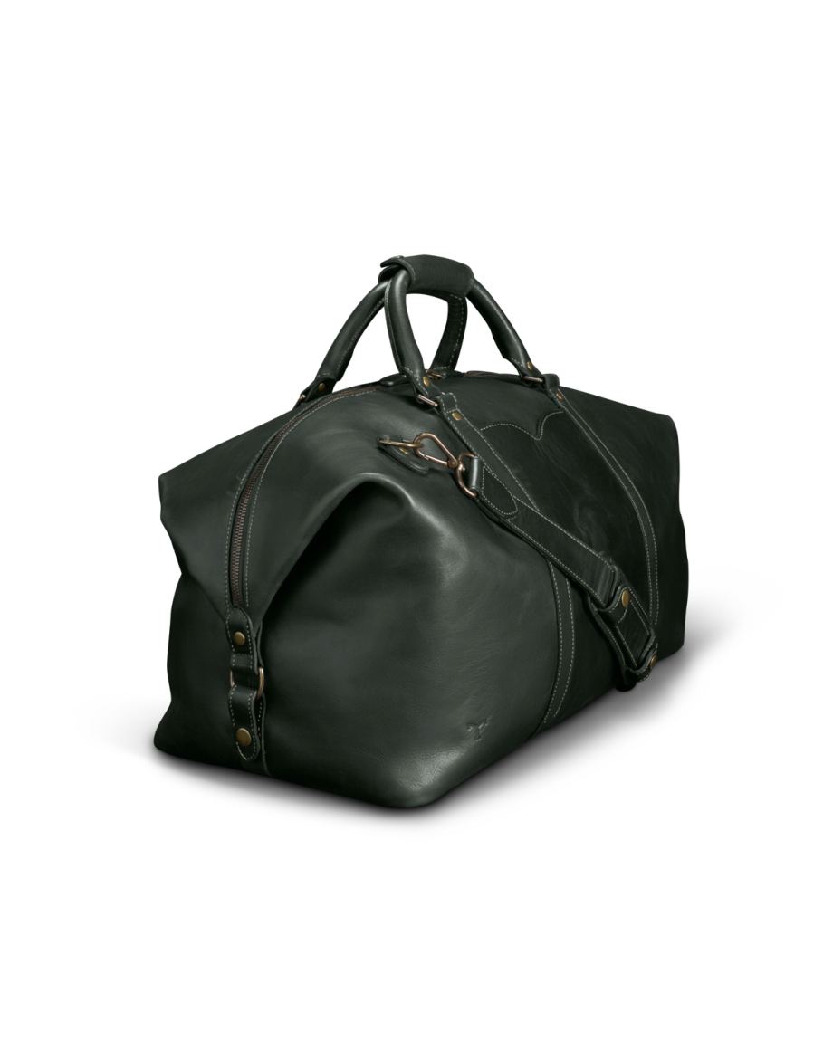 Quarterfront view of Bartlett Large Weekender - Midnight Green on plain background