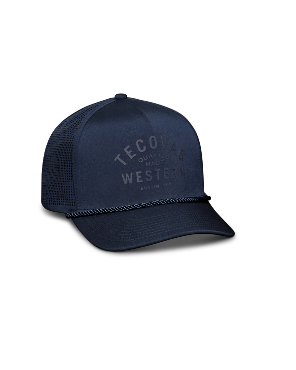 Navy blue mesh trucker hat with "Tecovas Western" text on the front and a black braided rope across the brim, set against a plain white background.