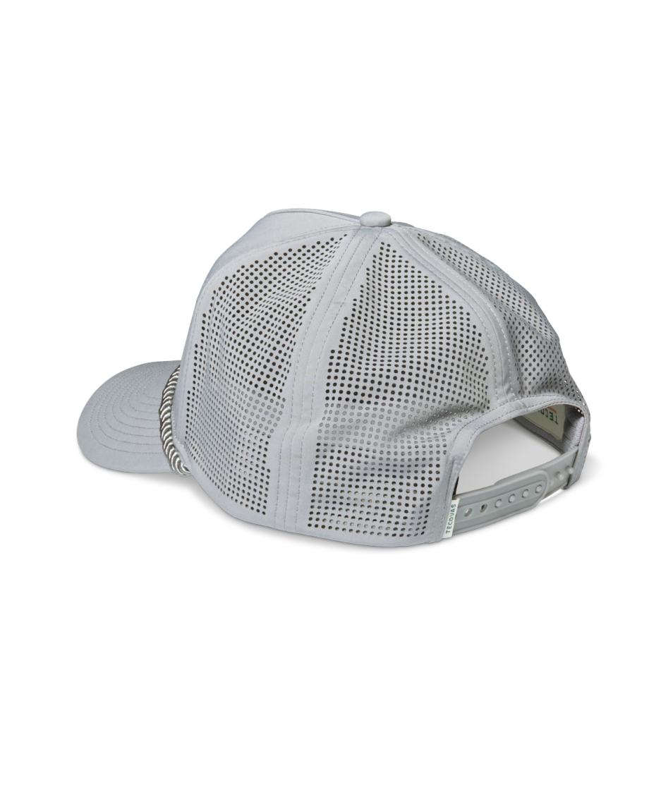 Quarterback view of Quality Made Performance Trucker Hat - Gray on plain background