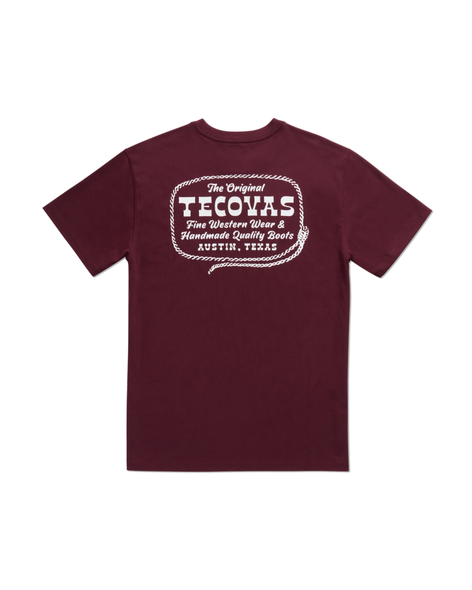 Back view of Men's Original Tecovas Rope Tee - Port / Bone on plain background