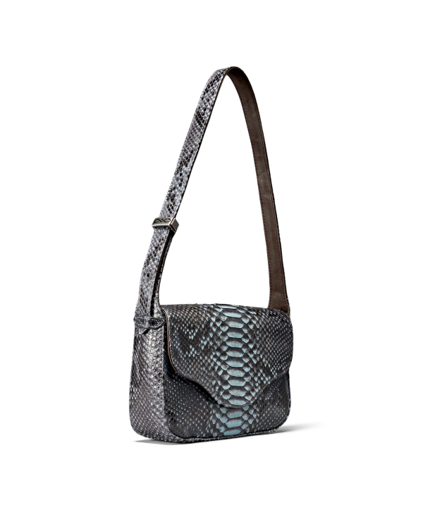 Quarterfront view of Python Shoulder Bag - Blue Multi on plain background