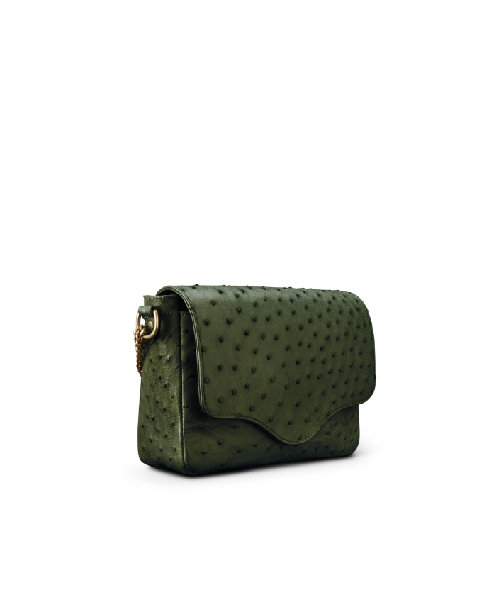 Quarterfront view of Ostrich Shoulder Bag - Forest Green on plain background