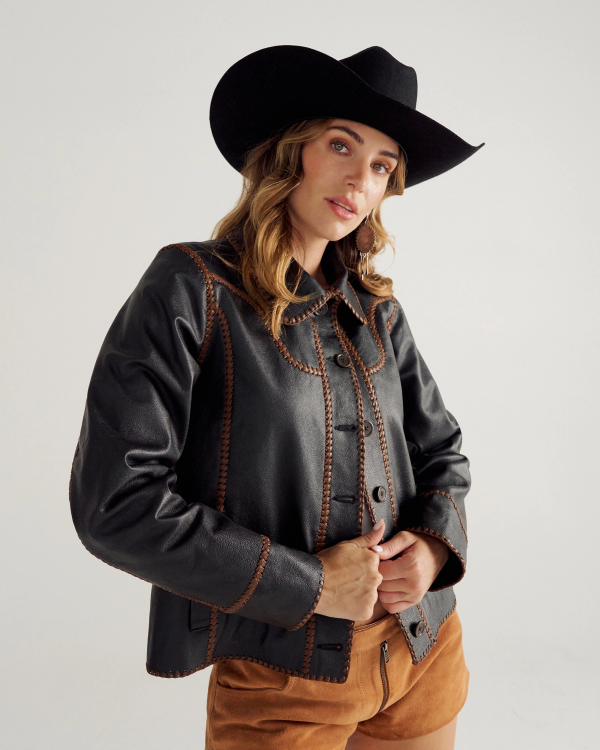Front view of Women's Leather Jacket - Black on model
