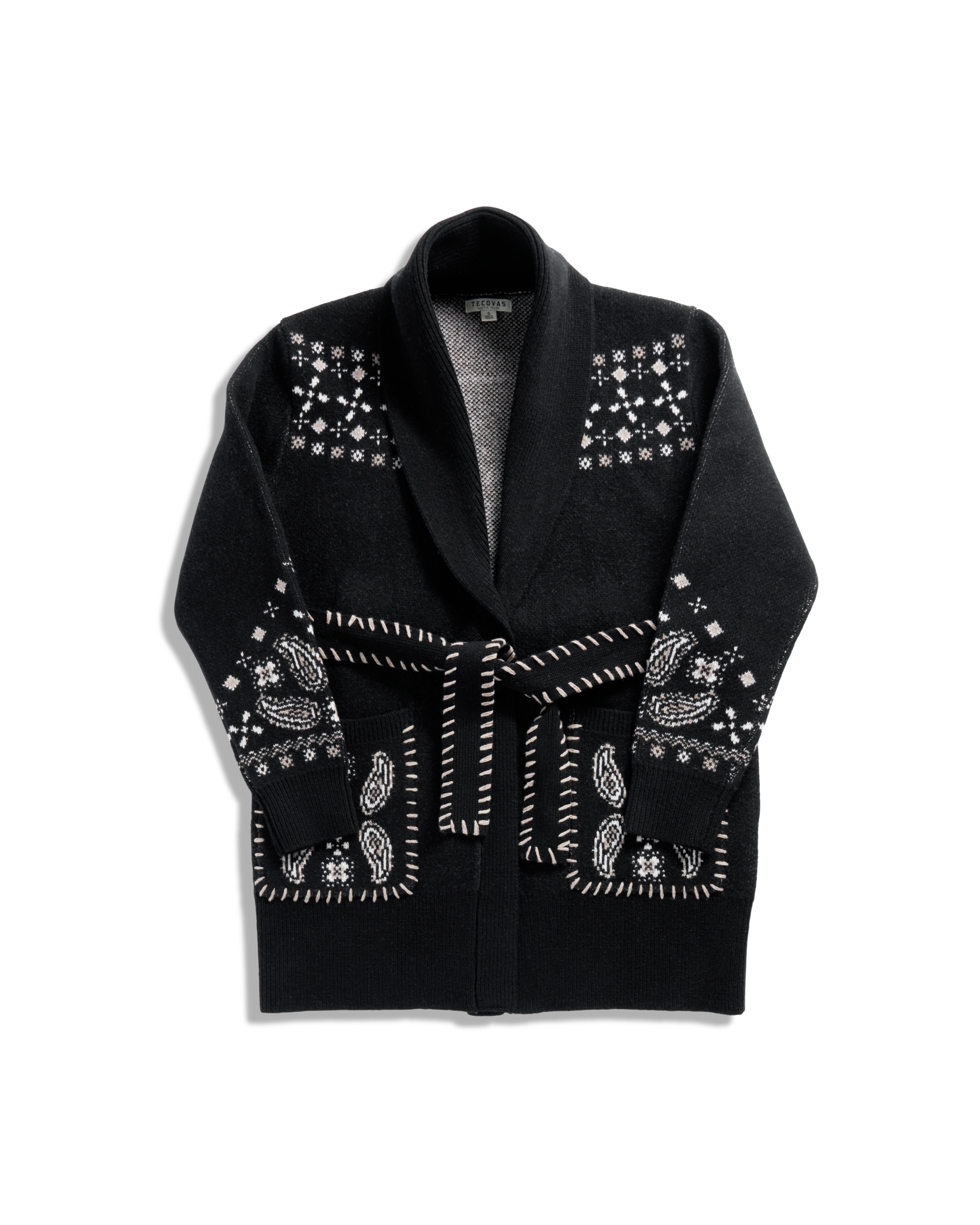 Closeup detail view of Women's Shawl Collar Wrap Sweater - Black / White