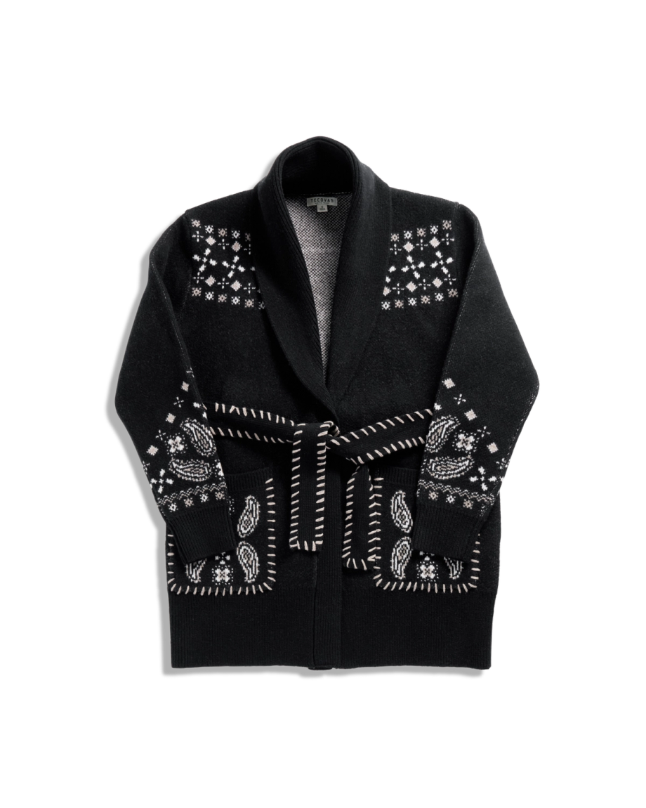 Closeup detail view of Women's Shawl Collar Wrap Sweater - Black / White