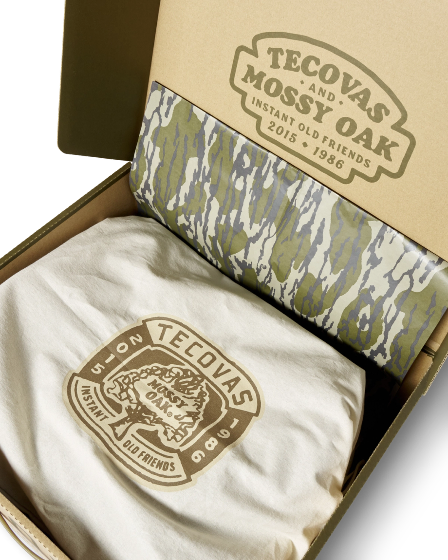 Toe view of Tecovas x Mossy Oak Rugged Square Toe - Umber II Cowhide on plain background