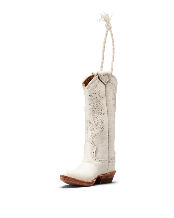 Quarterfront view of Abby Boot Ornament - Snow on plain background